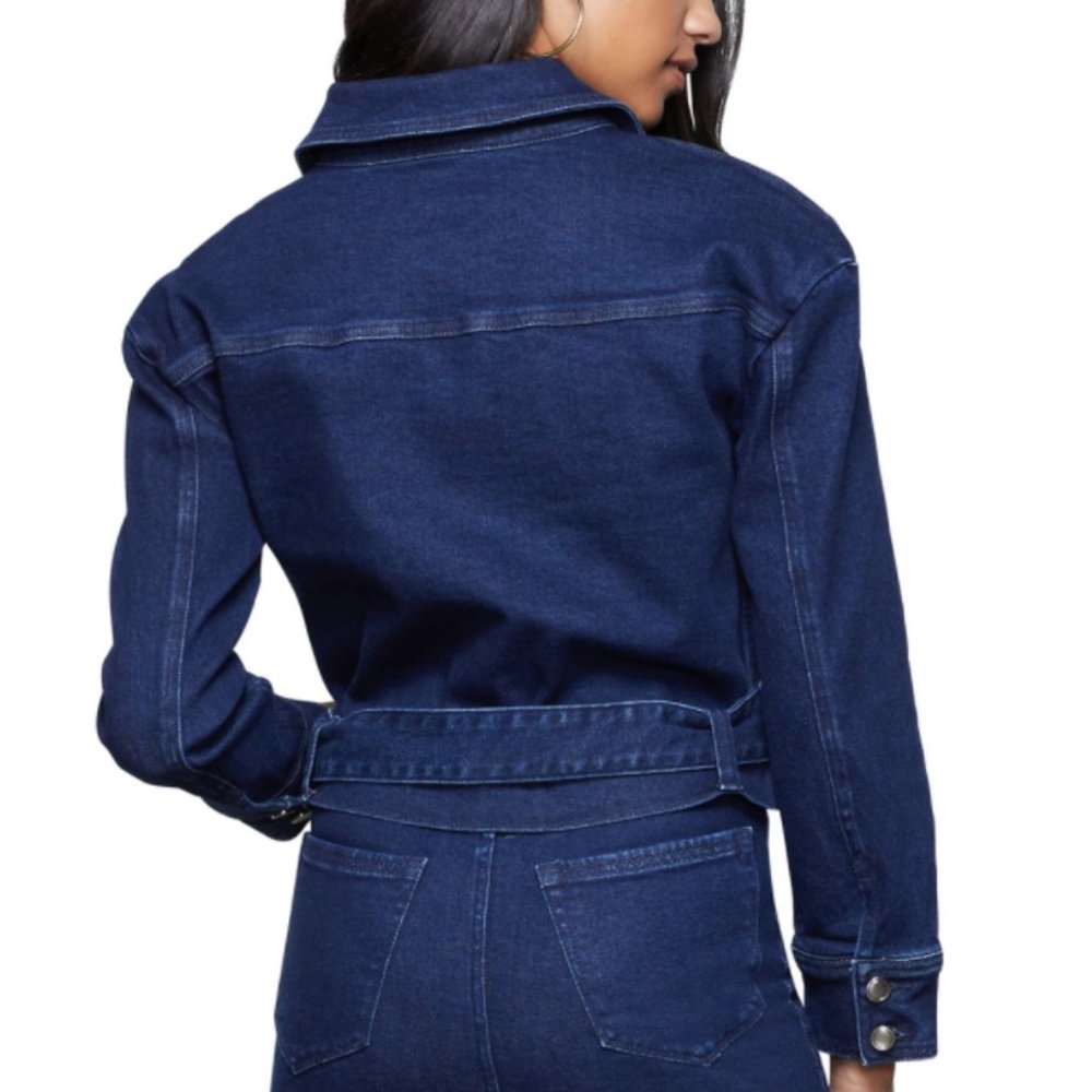 Good American The 70s Icon Belted Cropped Denim Jacket Deep Blue 0 XS NWT - Picture 2 of 16